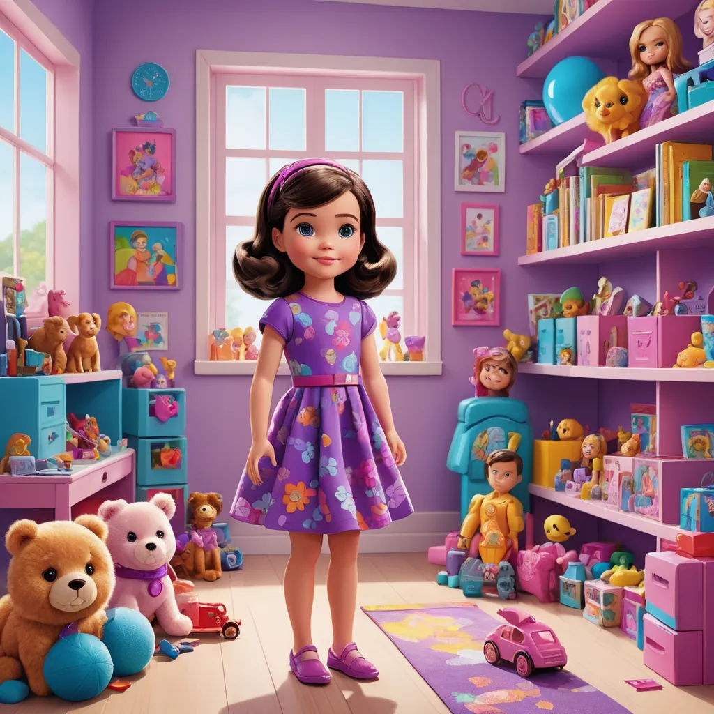 a girl in a purple dress standing in a purple room with toys and a teddy bear on the floor, arts and crafts movement, a storybook illustration, Evaline Ness, promotional image