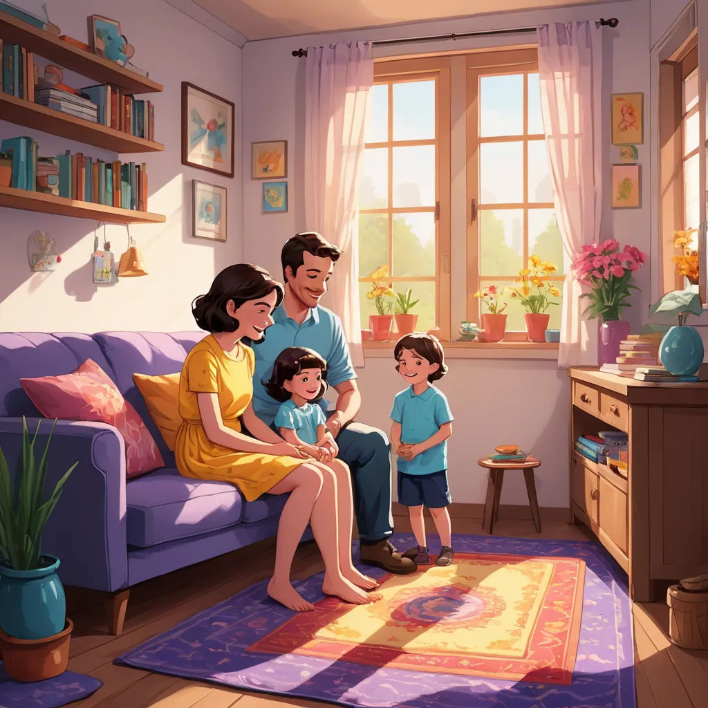 a family sitting on a couch in a living room together, with a child standing in the middle of the room, american scene painting, a storybook illustration, Amir Zand, storybook illustration