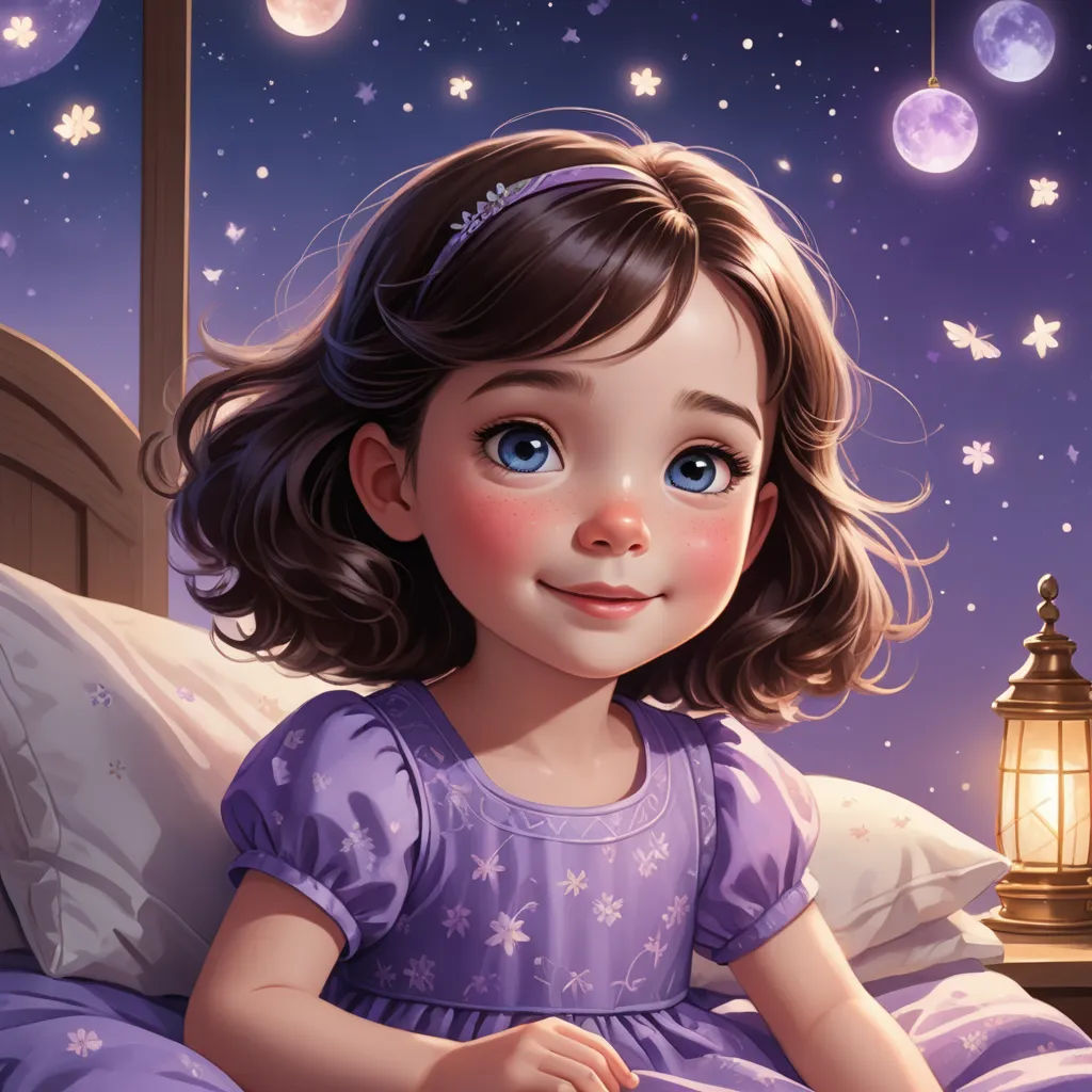 a little girl sitting on a bed under a night sky with stars and a lantern in her hand and a lantern in her hand, fantasy art, a storybook illustration, Chris Rallis, storybook illustration