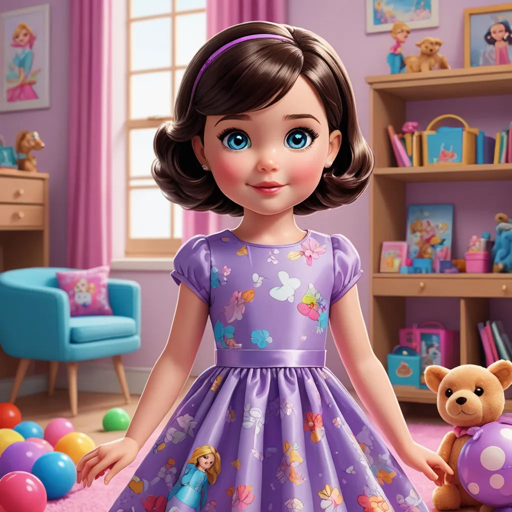 a little girl in a purple dress standing next to a teddy bear in a room with toys and a teddy bear, photorealism, a digital rendering, Caroline Lucy Scott, unreal engine highly rendered