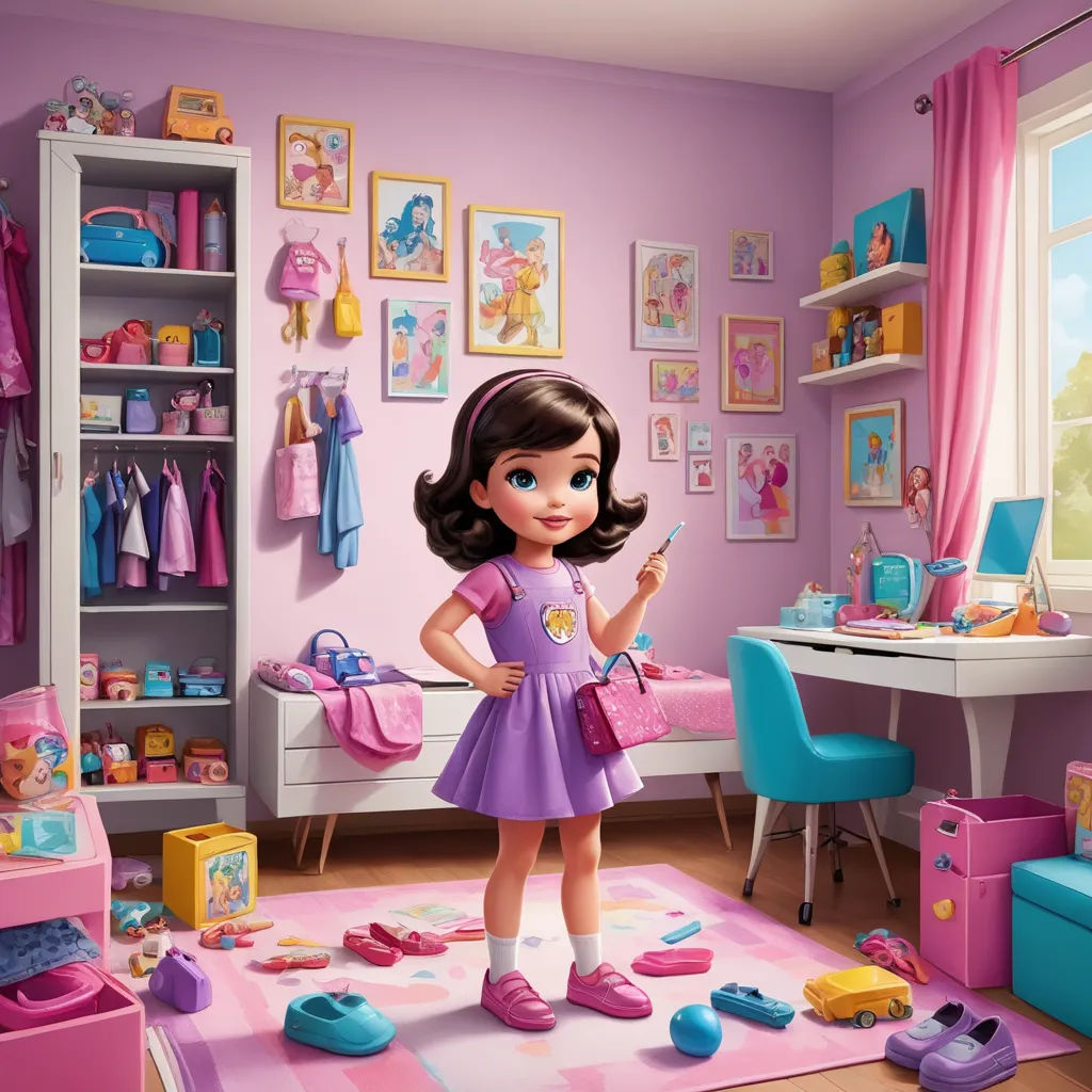 a cartoon girl in a pink room with toys and a desk and chair and a pink rug with a pink chair and a pink wall, photorealism, a digital rendering, Caroline Lucy Scott, promotional image