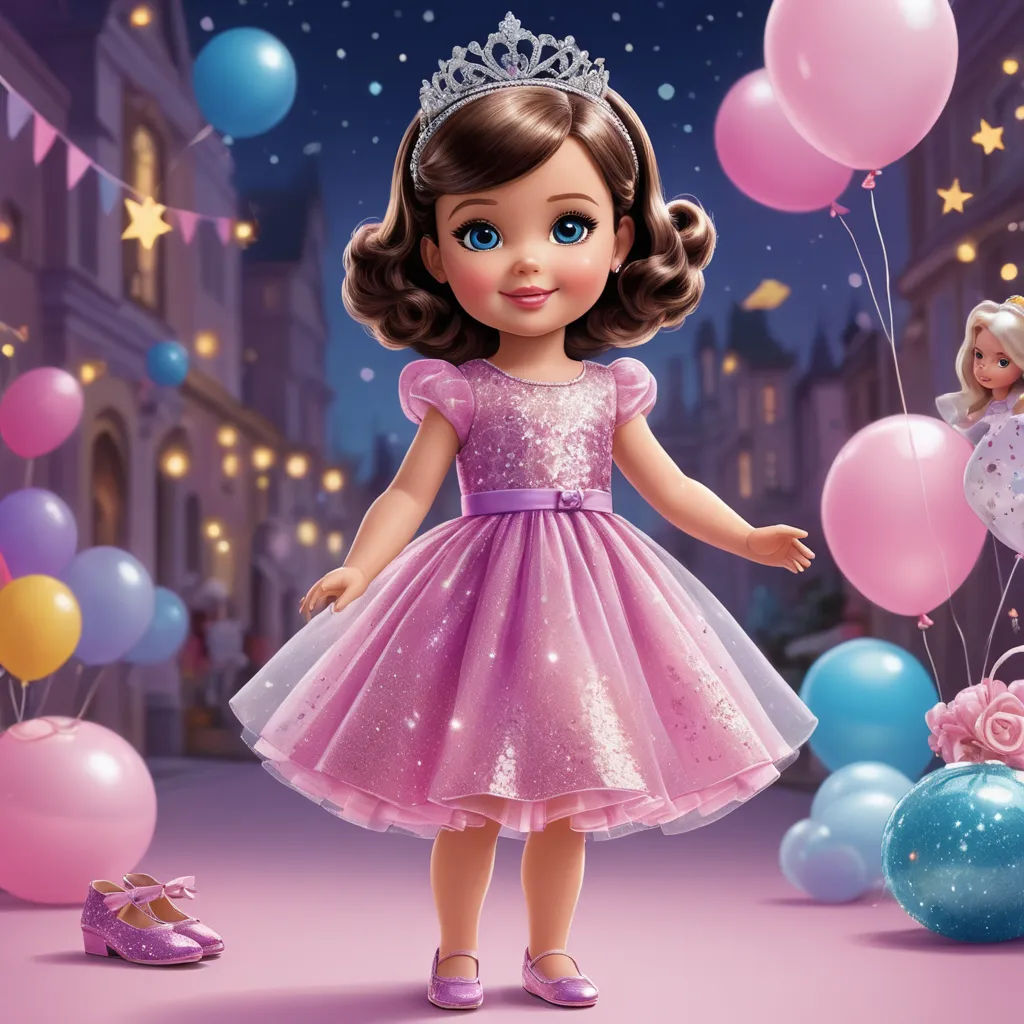 a little girl in a princess dress standing in front of balloons and a fairy tale scene with a doll, gothic art, a storybook illustration, Annabel Kidston, promotional image