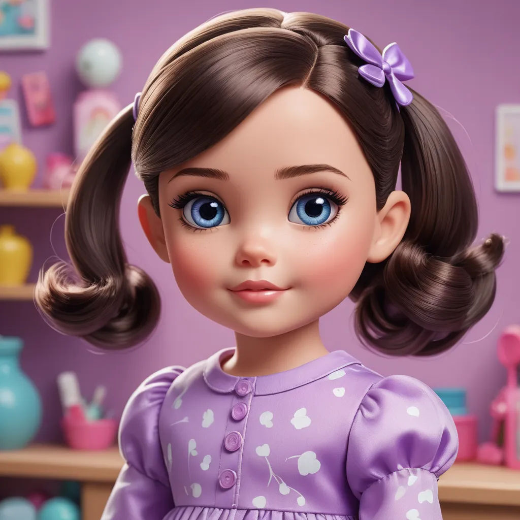 a doll with a purple dress and a purple bow in her hair and a purple dress with white hearts, photorealism, a character portrait, Clarice Beckett, unreal engine 5 highly rendered