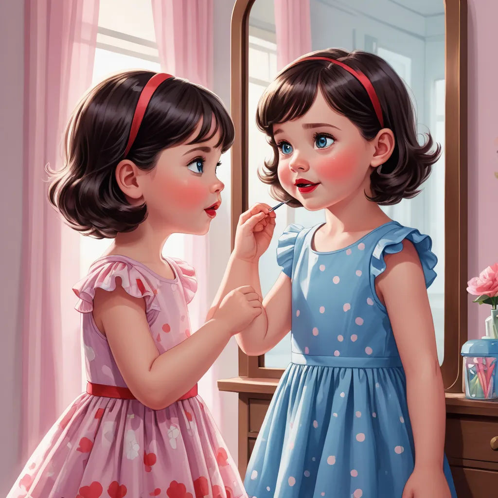 a painting of two little girls brushing their teeth together in front of a mirror with a pink flowered dress on, photorealism, a storybook illustration, Andrew Loomis, detailed painting