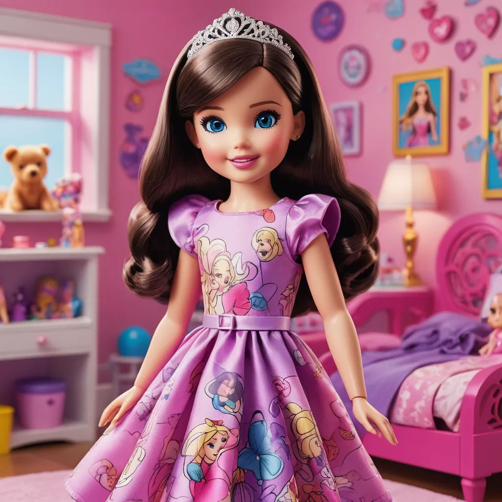a doll in a princess dress in a bedroom with a teddy bear on the bed and a teddy bear on the wall, neoclassicism, a digital rendering, Caroline Lucy Scott, promotional image