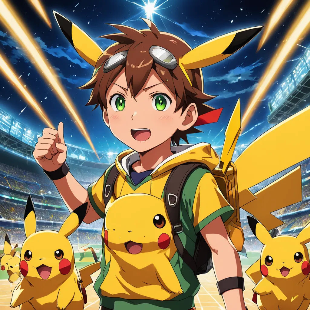 a young boy in a yellow shirt and a yellow pikachu outfit is standing in front of a stadium, rayonism, concept art, Adam Manyoki, official art