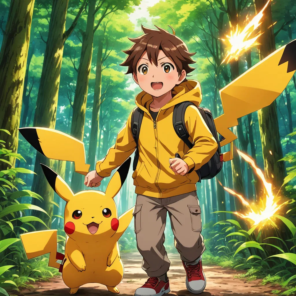 a man in a yellow jacket holding a pikachu in a forest with trees and bushes behind him, rayonism, concept art, Adam Manyoki, official art