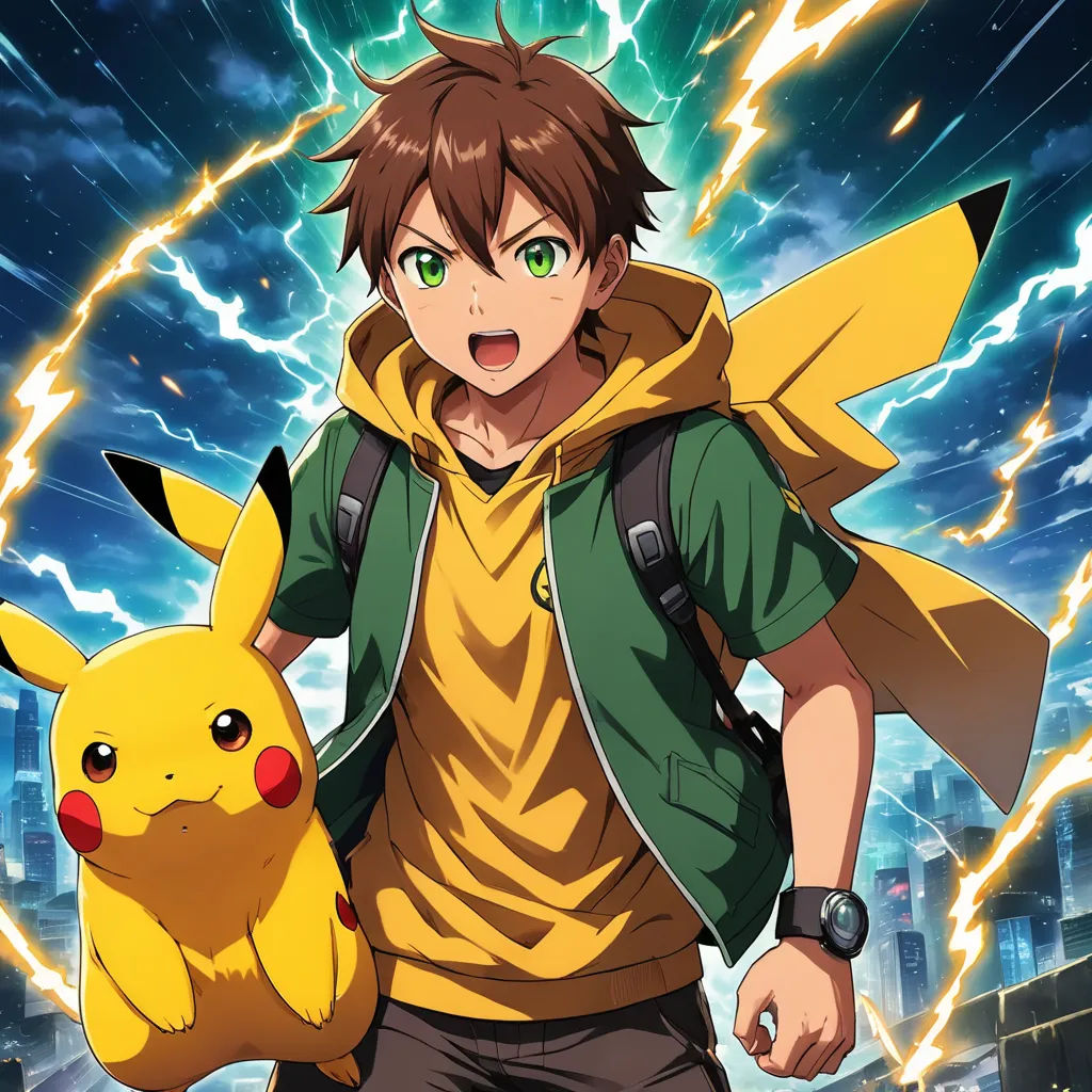a young man holding a pikachu in front of a city skyline with lightning in the background and a lightning bolt in the sky, shock art, poster art, Adam Manyoki, anime key visual