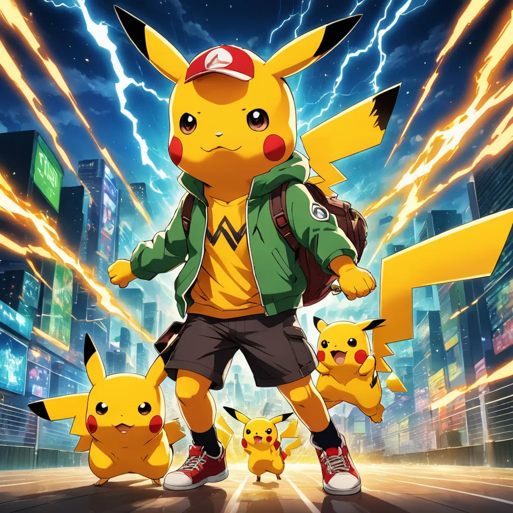 a man in a green jacket and some pokemon pikachu characters in a city street at night with lightning, shock art, poster art, Altichiero, official art