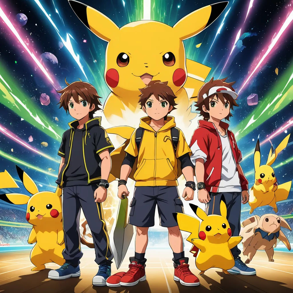a group of people standing next to each other in front of a poster of pokemon and pikachu, rayonism, a poster, Baiōken Eishun, official art