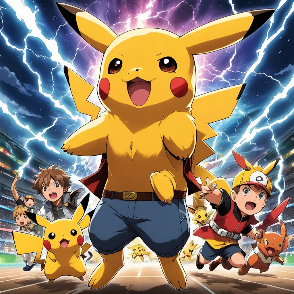 a group of pokemon characters standing in front of a stadium with lightning in the background and a person in the foreground, rayonism, poster art, Baiōken Eishun, official art