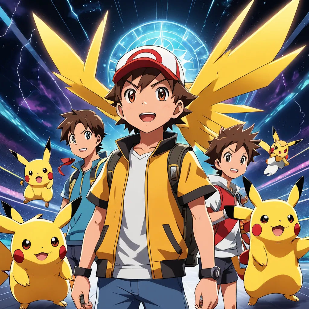 a man standing in front of a group of pokemon pikachu and other pokemon characters in a movie, rayonism, poster art, Baiōken Eishun, official art