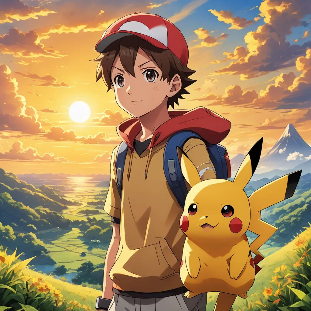 a young man holding a pikachu in front of a sunset with mountains and trees in the background, rayonism, poster art, Adam Manyoki, anime key visual