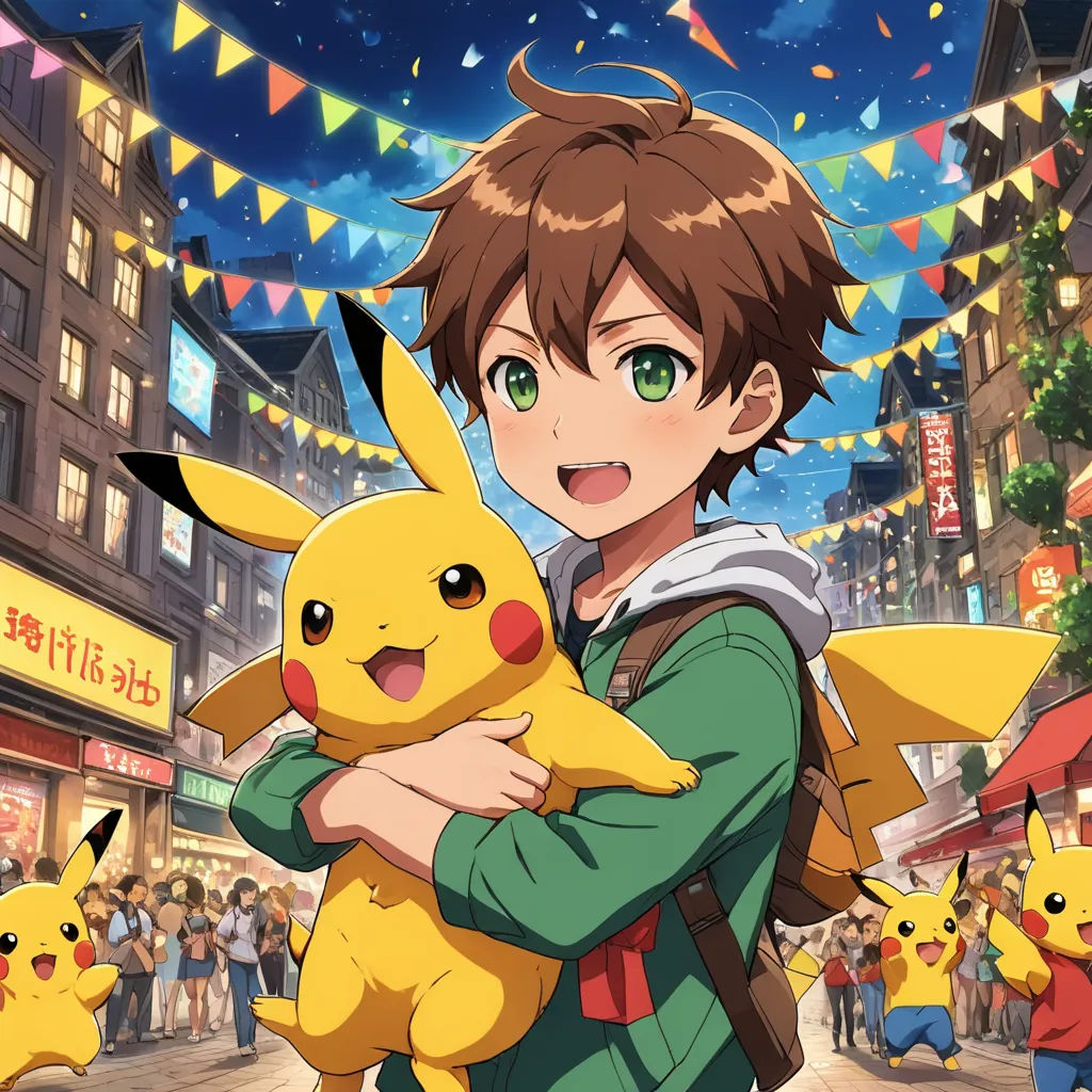 a boy holding a pikachu in a city street with people walking around him and a crowd of people walking around him, shock art, concept art, Adam Manyoki, official art