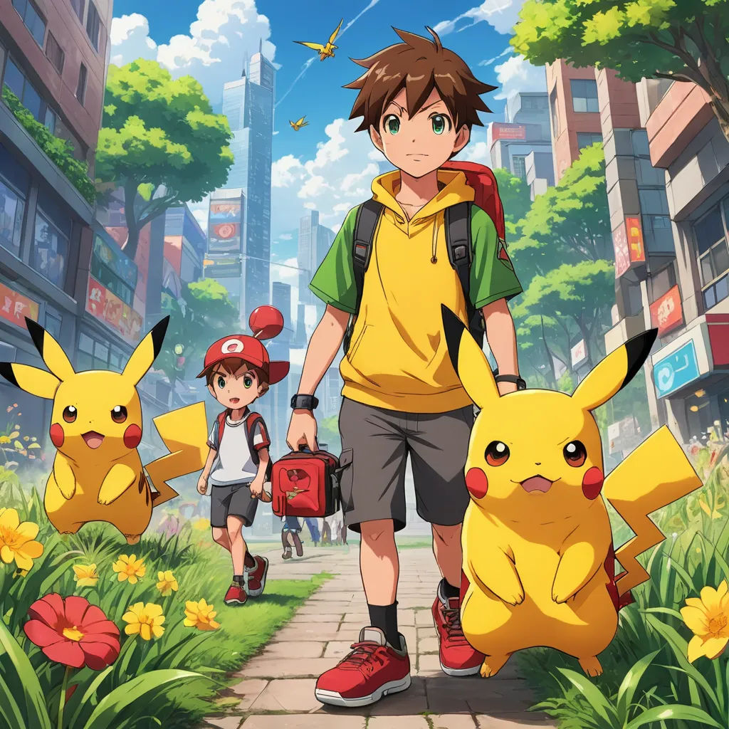 a boy and girl walking down a street with pokemon pikachu on the sidewalk and a boy carrying a backpack, rayonism, poster art, Adam Manyoki, anime key visual