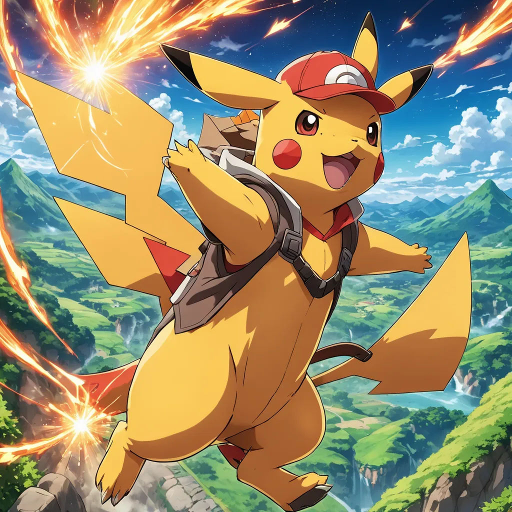 a pikachu flying through the air with a firework in its mouth and a hat on its head, rayonism, concept art, Chris LaBrooy, official art