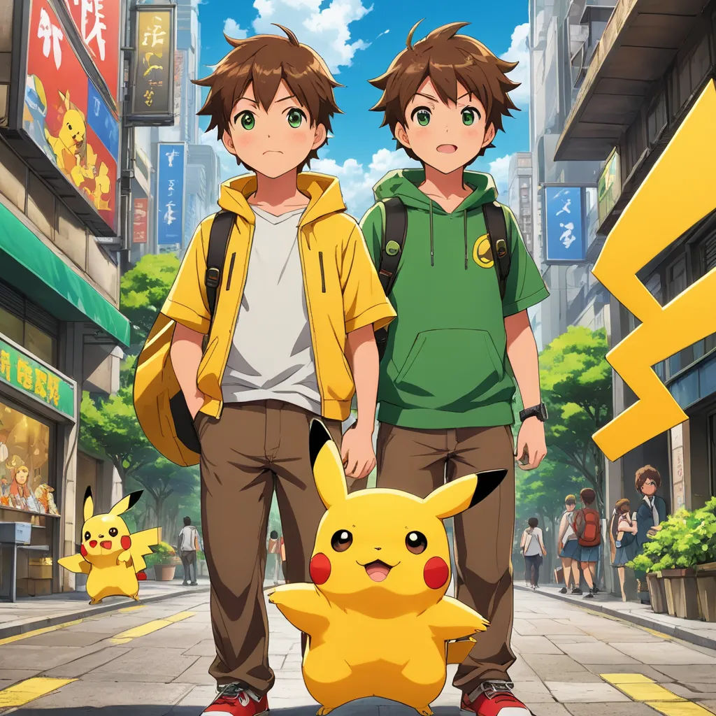 two people standing next to each other in front of a city street with pokemon pikachu on the ground, shock art, concept art, Adam Manyoki, official art