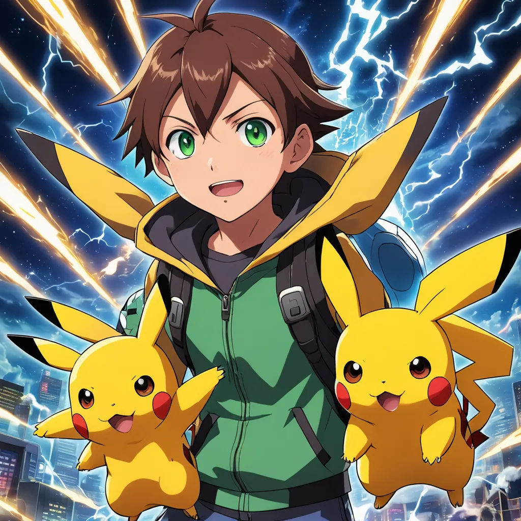 a young man holding two pikachu in front of a city skyline with lightning behind him and a lightning bolt in the sky, shock art, poster art, Adam Manyoki, official art