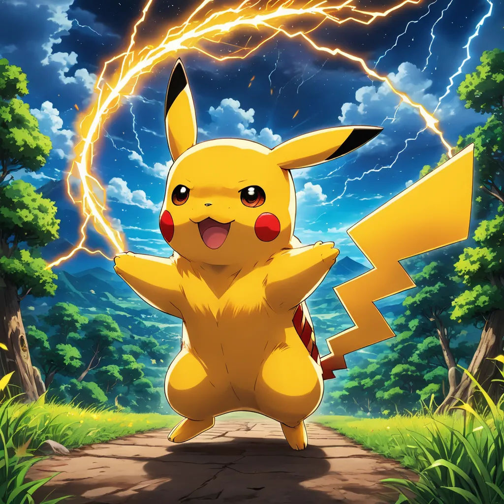 a pikachu character is dancing in the middle of a road with lightning in the background and trees, shock art, a comic book panel, Akira Toriyama, pokemon