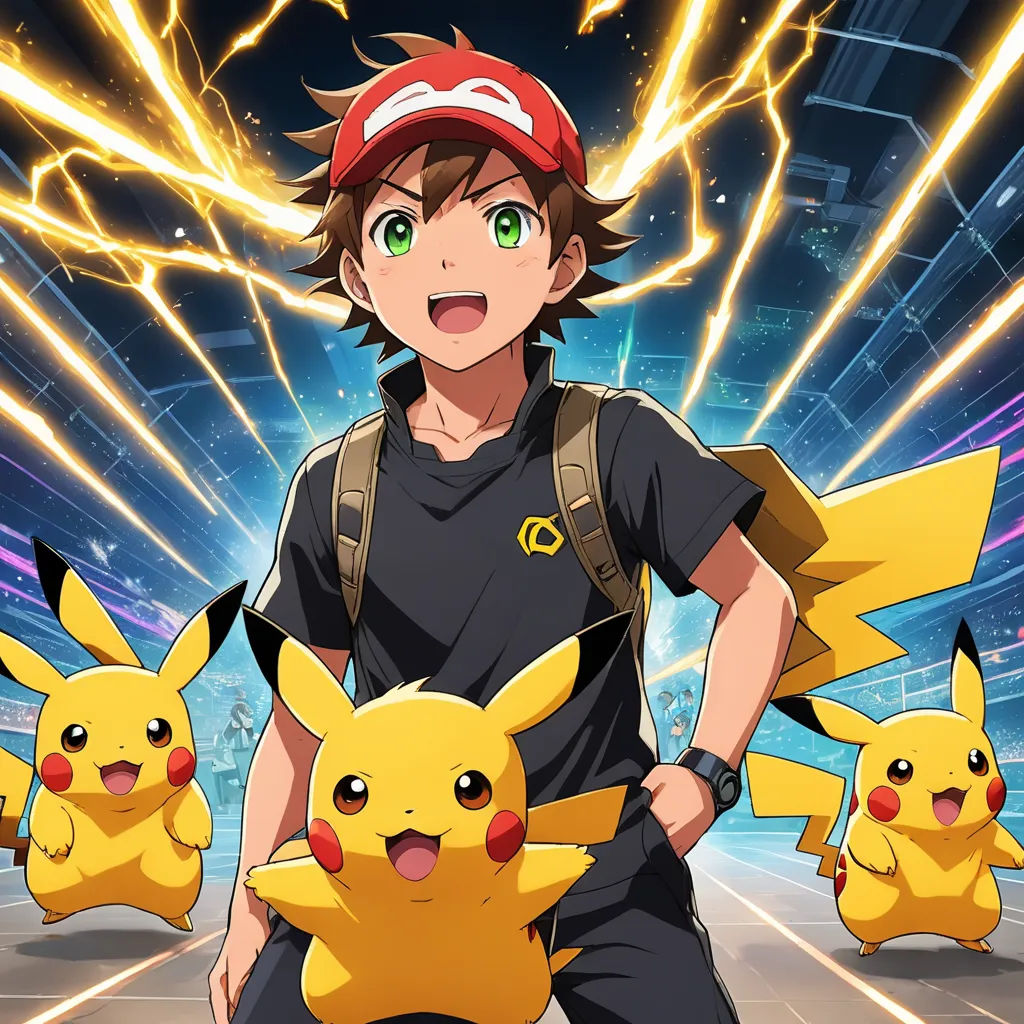 a man in a black shirt and some pikachu pokemons in a blue and purple background with fireworks, shock art, poster art, Adam Manyoki, official art