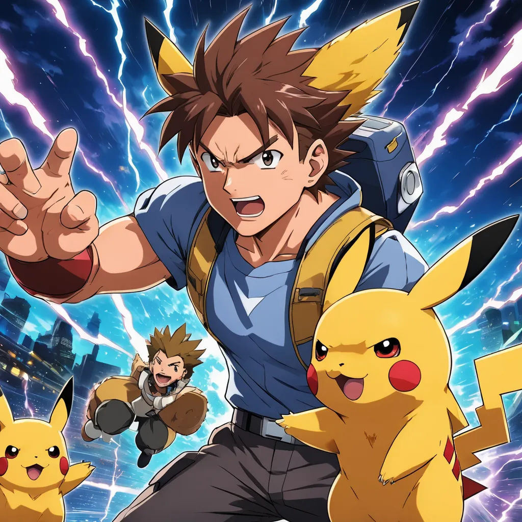 a man in a blue shirt and a yellow and black pokemon costume with a sword and two pikachu, rayonism, poster art, Eizan Kikukawa, official art
