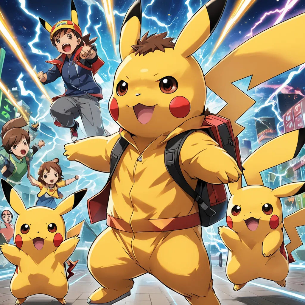 a group of people standing around a pokemon movie poster with pikachu and other pokemon characters in the background, shock art, concept art, Baiōken Eishun, official art