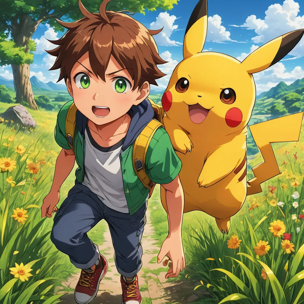 a boy is running through a field with a pikachu on his back and a pokemon on his shoulder, shock art, concept art, Adam Manyoki, official art