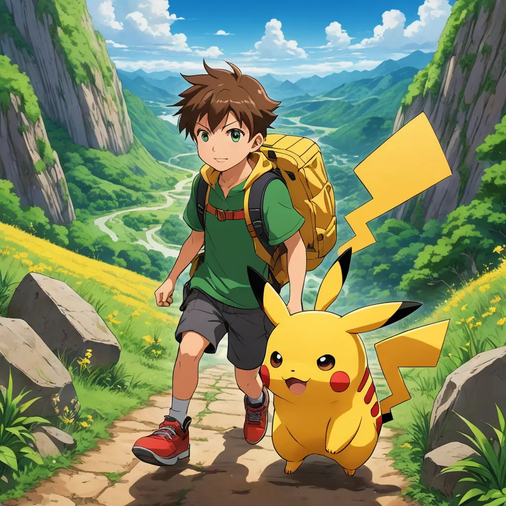 a young man with a backpack and a backpack on his back is walking down a path with a pikachu, rayonism, poster art, Eizan Kikukawa, official art