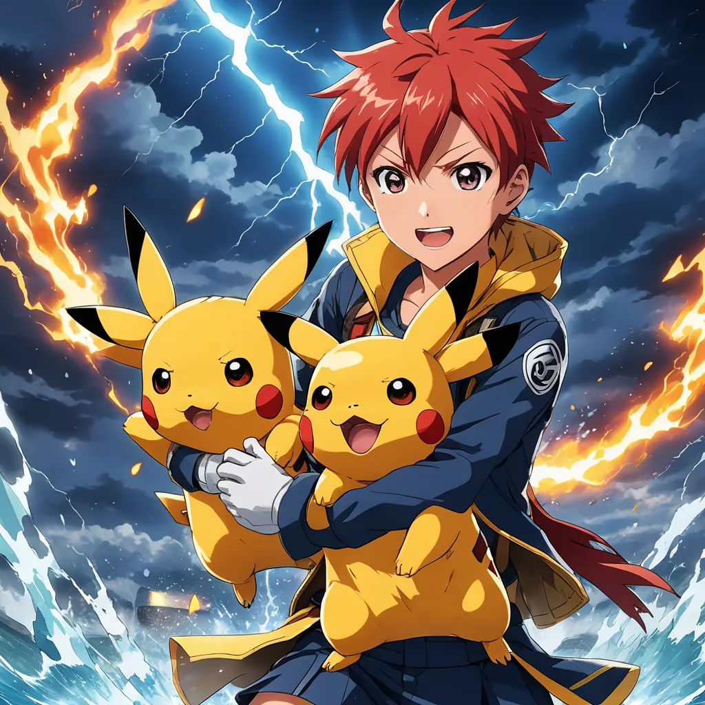 a man holding a pikachu in front of a lightning storm with lightning behind him and a red haired girl, shock art, poster art, Adam Manyoki, official art