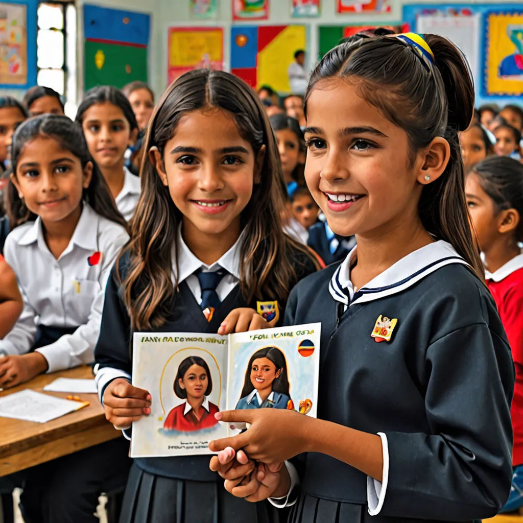 two girls holding a book in front of a classroom full of children in uniform and smiling at the camera, quito school, a poster, Afewerk Tekle, promotional image