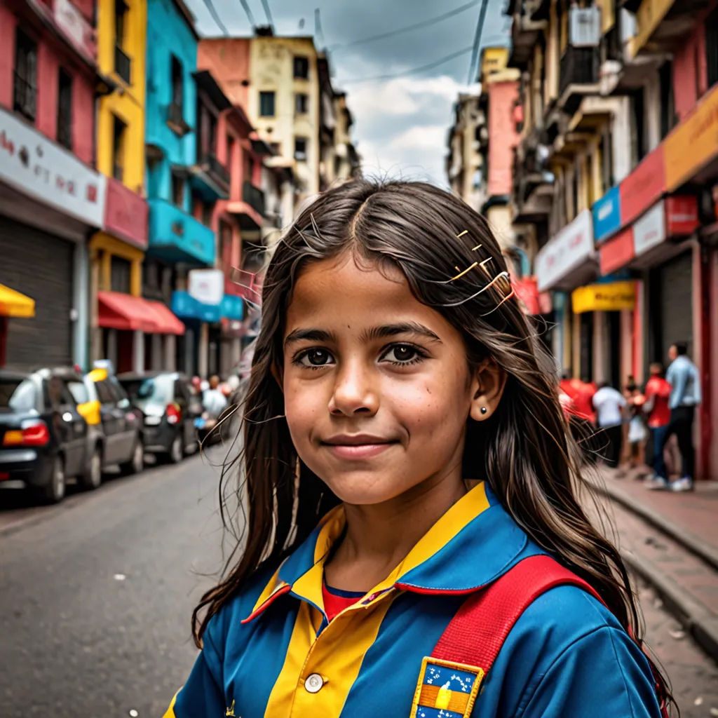 a young girl is standing in the middle of a street with buildings in the background and a few cars parked on the side of the street, quito school, a character portrait, Araceli Gilbert, portrait photography
