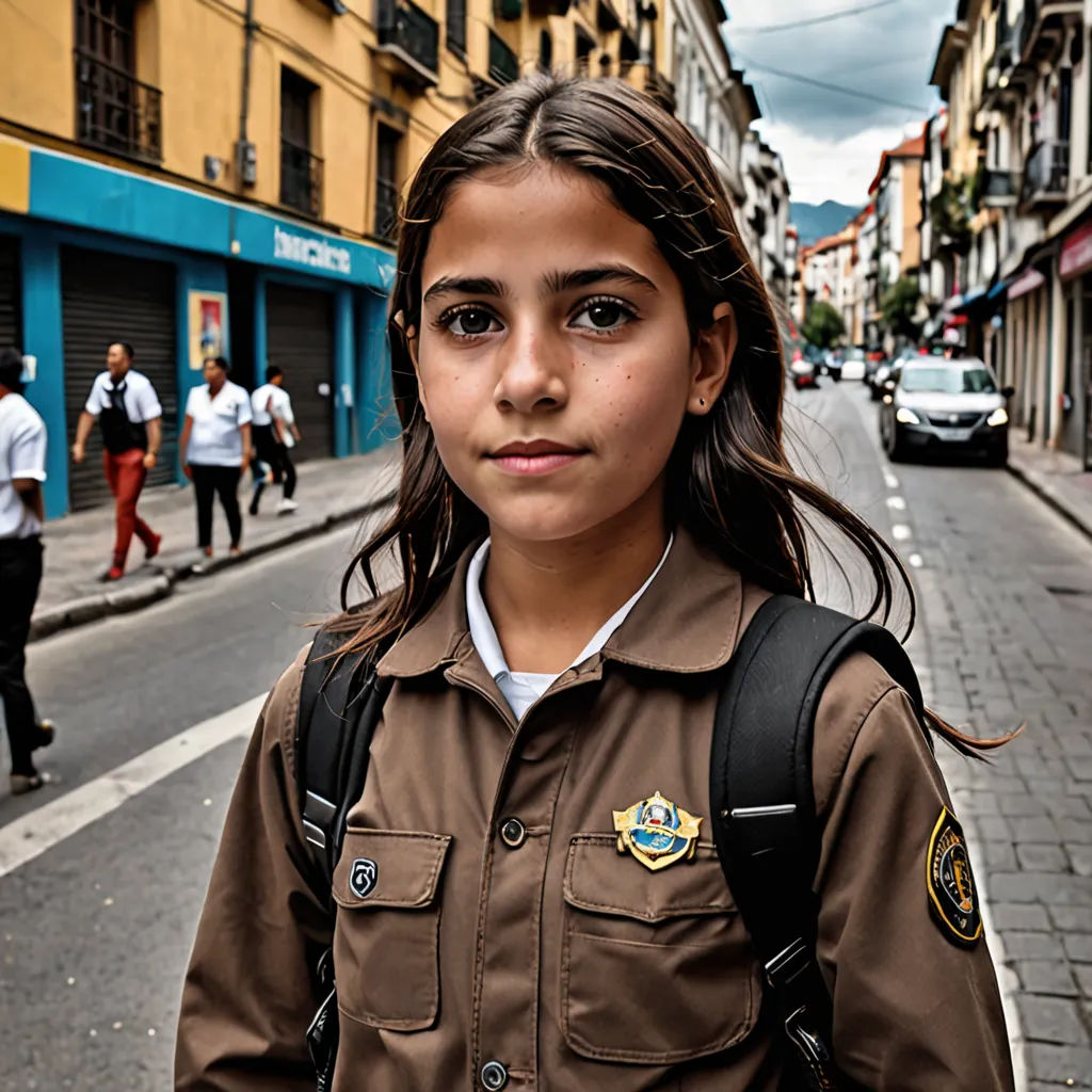 a girl scout standing on the side of a street with a backpack on her back and a group of people walking on the side of the street, quito school, a character portrait, Eva Gonzalès, girl