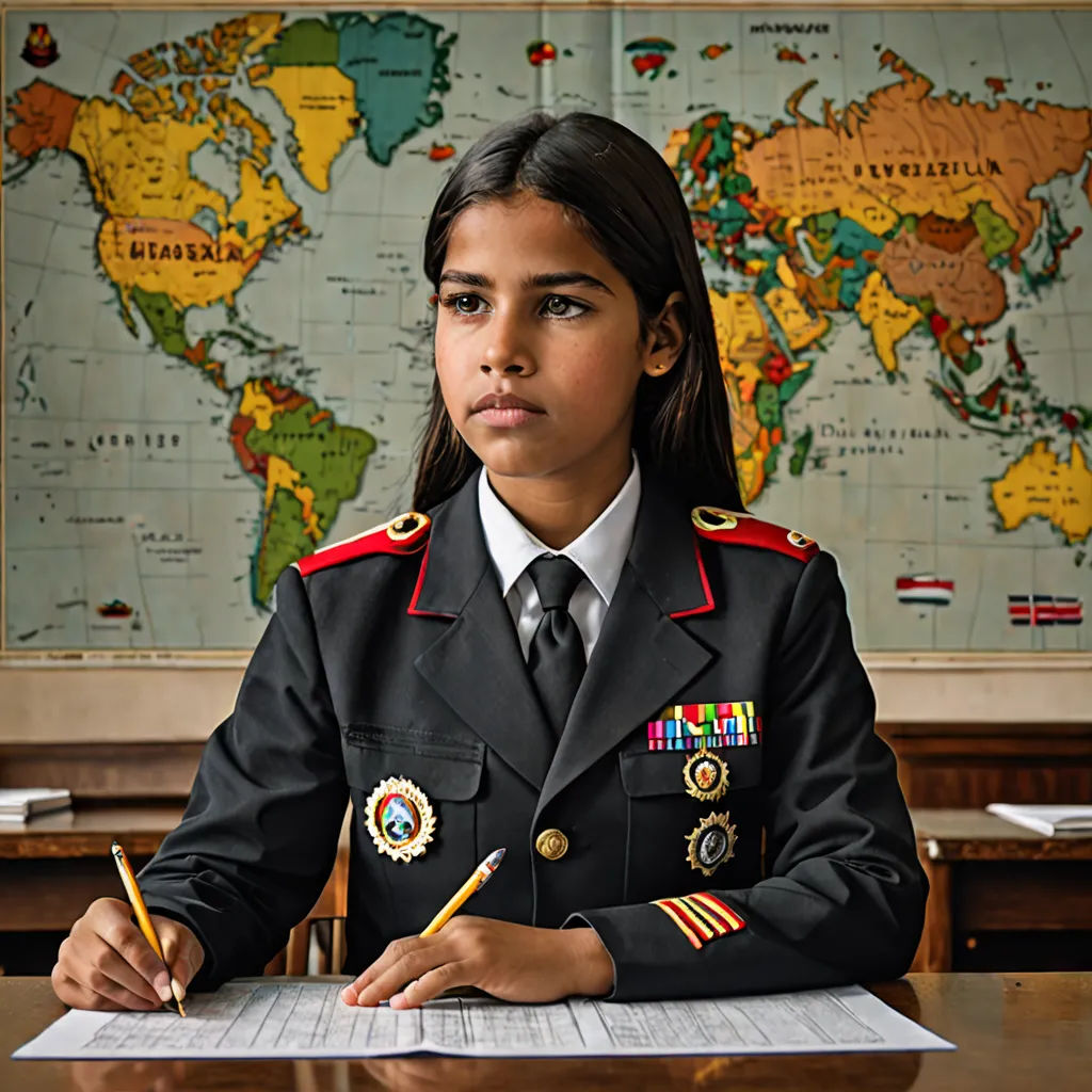 a girl in uniform sitting at a desk with a pen and paper in front of her and a map of the world behind her, quito school, a character portrait, Araceli Gilbert, promotional image