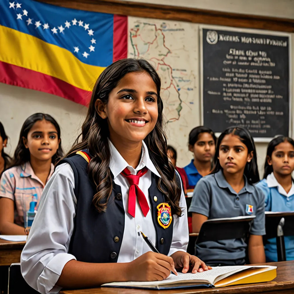 a girl in a school uniform smiles while sitting at a desk with other students in the background and a flag hanging on the wall, quito school, a stock photo, Ada Gladys Killins, promotional image