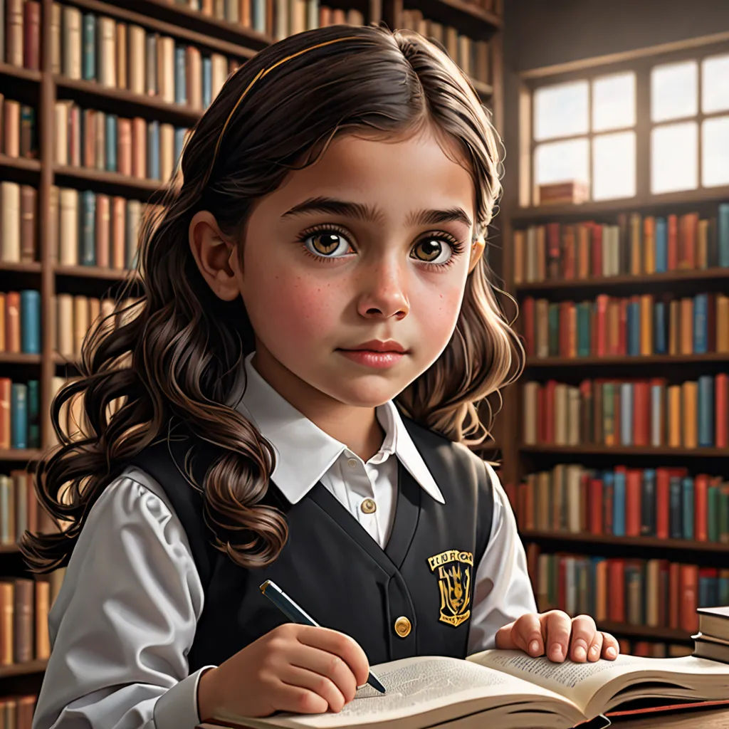 a painting of a girl in a library writing a book with a pencil and a bookbag on her lap, fantastic realism, a storybook illustration, Bob Byerley, highly detailed digital painting