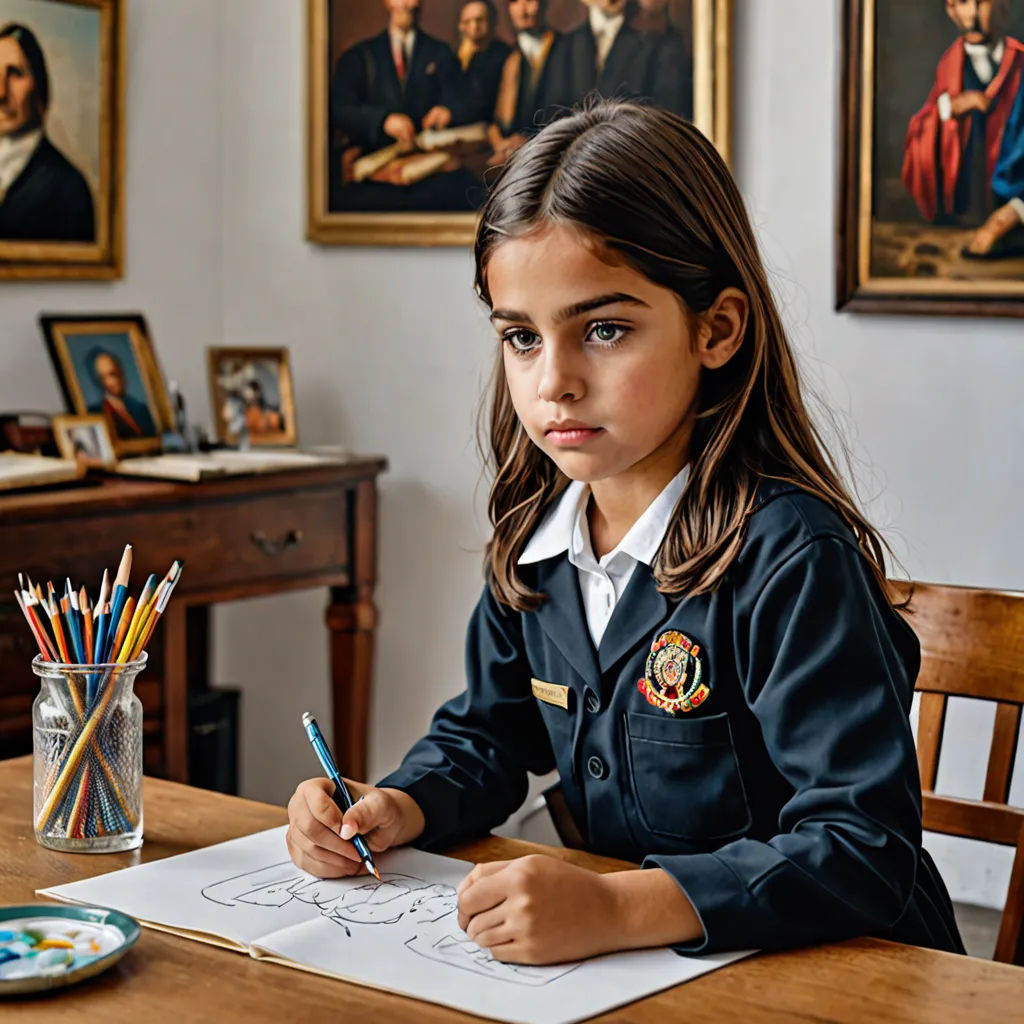 a girl sitting at a table with a pencil and paper in front of her and a painting of a man behind her, barbizon school, a child's drawing, David Teniers III, promotional image