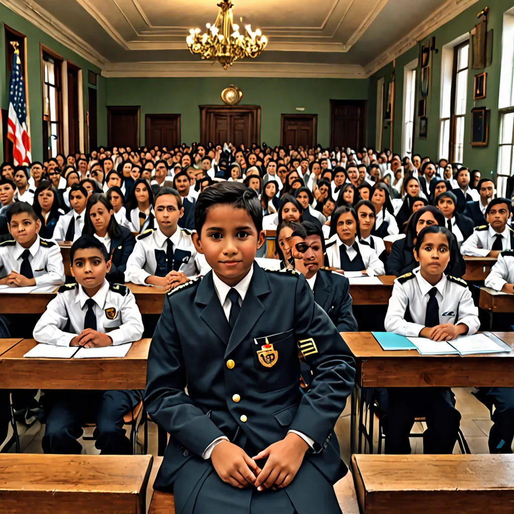 a classroom full of students in uniform sitting at desks with their backs turned to the camera, with a chandelier hanging from the ceiling, quito school, a colorized photo, Carlos Francisco Chang Marín, award-winning photograph