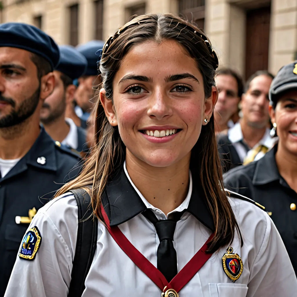 a woman in a uniform standing in front of a group of men and women in uniform in a city, quito school, a stock photo, Eva Gonzalès, promotional image