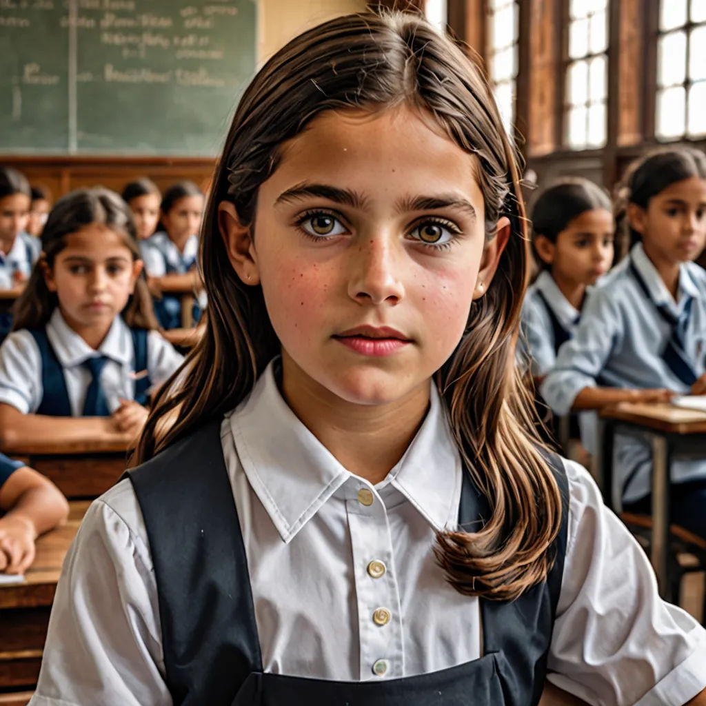 a girl in a classroom with her hands on her hips and other students behind her, all looking at the camera, barbizon school, a stock photo, Arthur Sarkissian, award-winning photograph