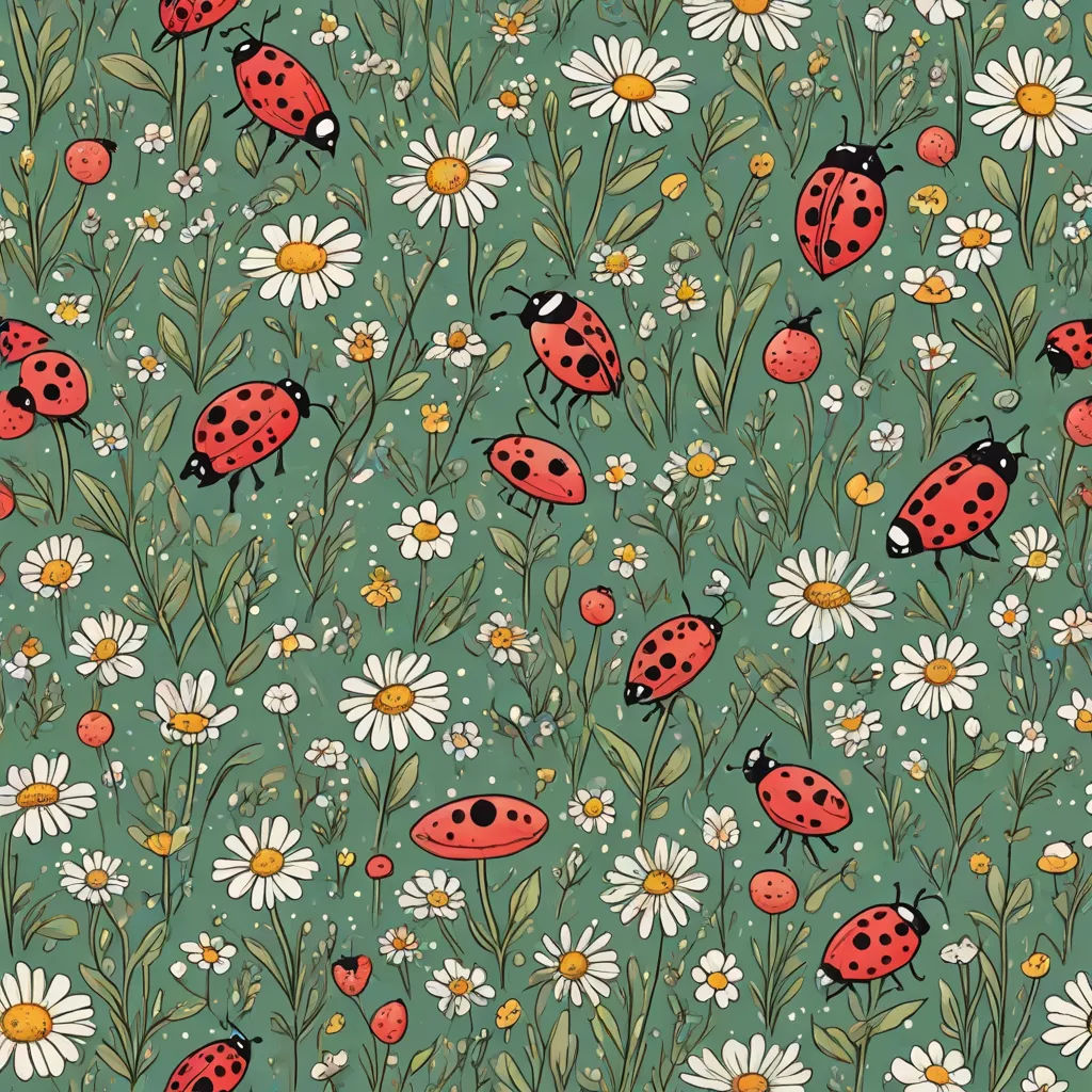 a green background with ladybugs and daisies and daisies on it, and daisies and daisies on the ground, folk art, a storybook illustration, Annabel Kidston, detailed illustration