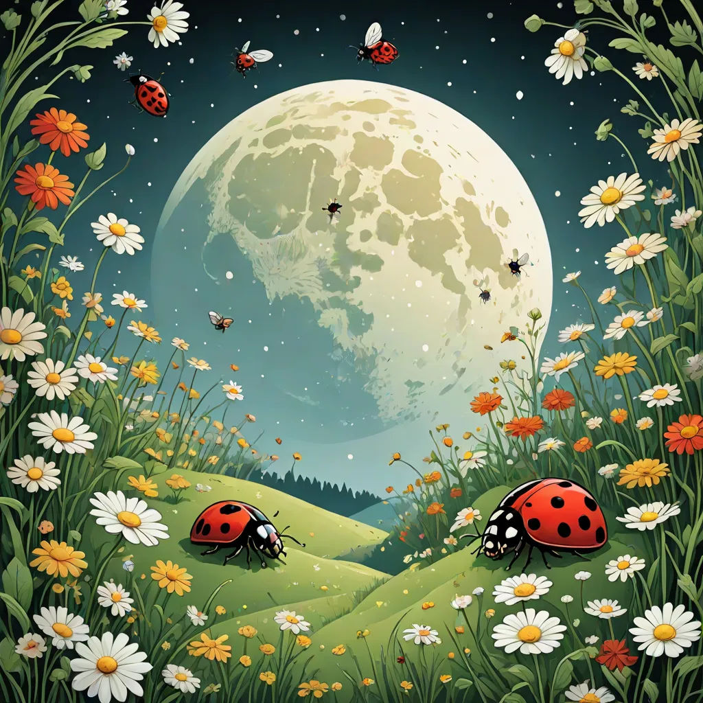 a painting of ladybugs in a field of daisies and daisies with a full moon in the background, fantasy art, a storybook illustration, Chris LaBrooy, highly detailed digital painting