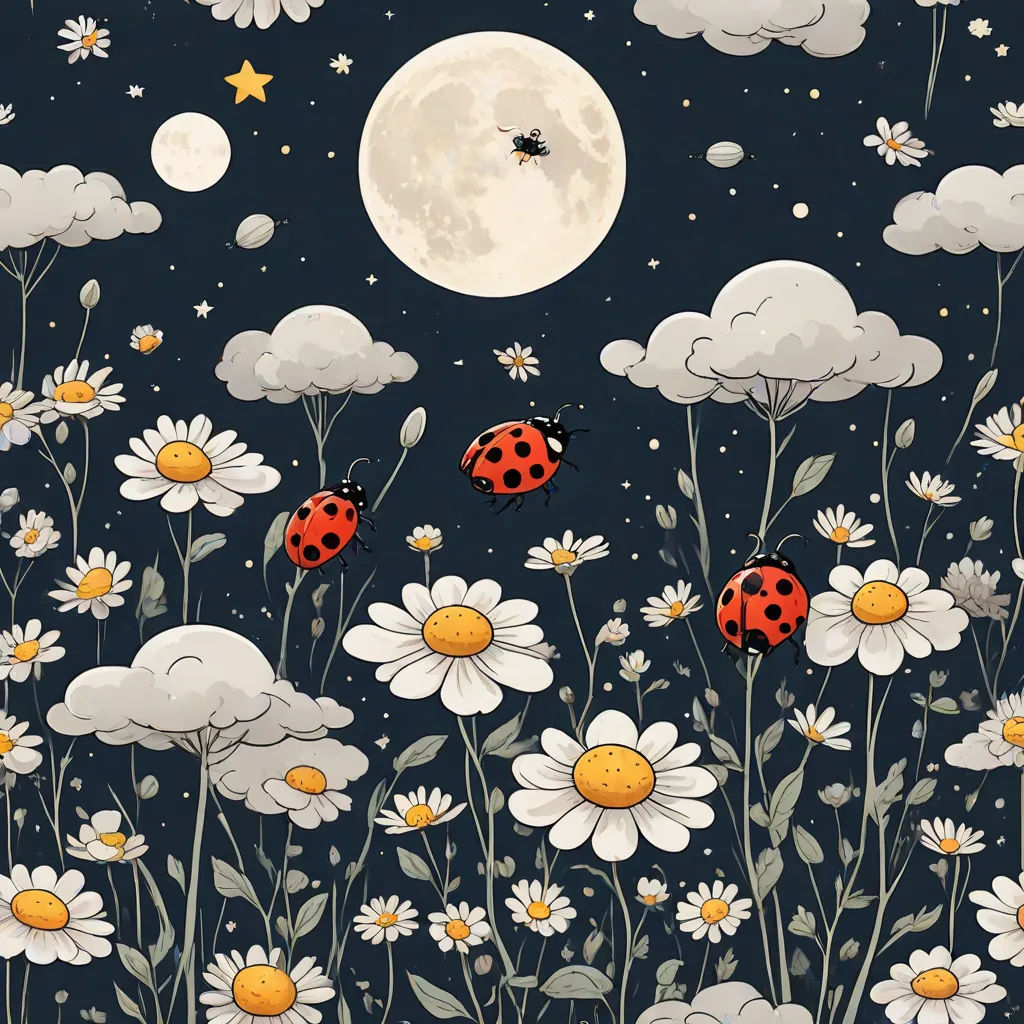 a painting of ladybugs and daisies in a field with a full moon in the background and stars in the sky, space art, a storybook illustration, Annabel Kidston, night sky