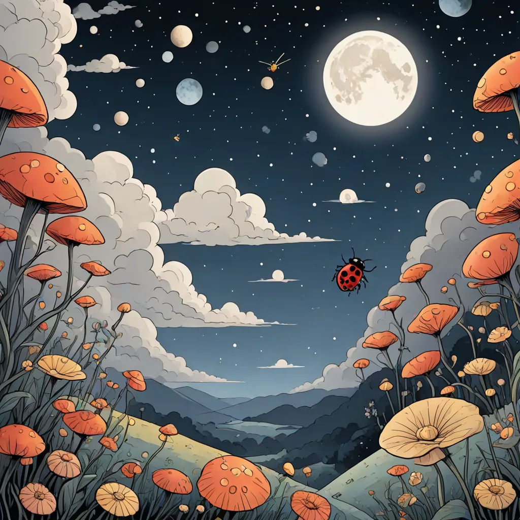 a painting of a lady bug flying over a field of mushrooms and mushrooms under a full moon with a full moon in the background, fantasy art, a storybook illustration, Chris LaBrooy, detailed illustration