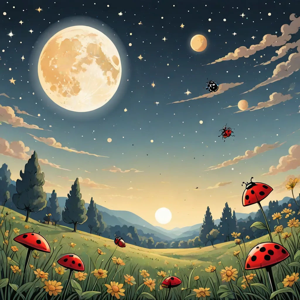 a painting of a field with ladybugs and a full moon in the background with trees and flowers, space art, a storybook illustration, Chris LaBrooy, fireflies