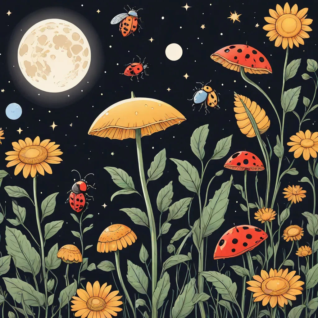 a painting of a field of flowers and ladybugs in the night sky with a full moon in the background, space art, a storybook illustration, Annabel Kidston, storybook illustration
