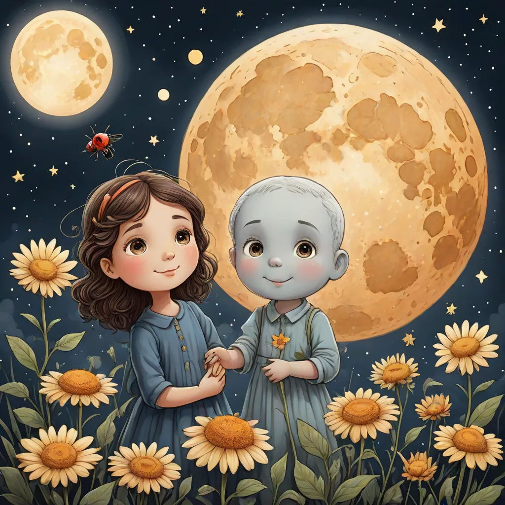 a painting of a girl and a boy standing in a field of sunflowers with the moon in the background, pop surrealism, a storybook illustration, David Gilmour Blythe, storybook illustration