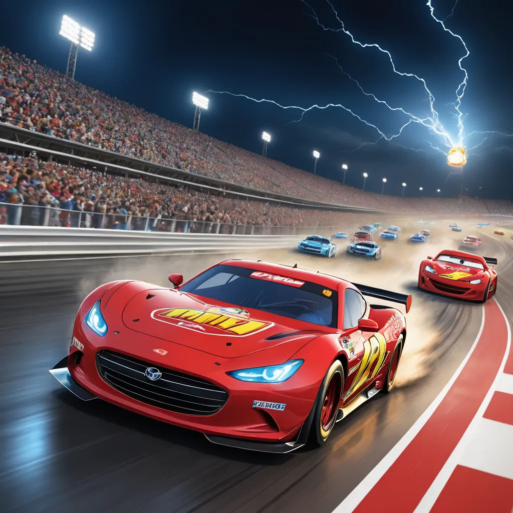 a red sports car driving on a track with lightning in the background and a stadium full of spectators watching, sots art, a digital rendering, Eddie Mendoza, professional digital painting
