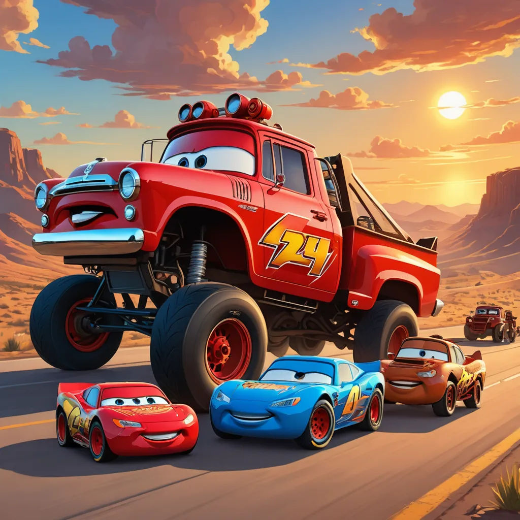 a cartoon character is driving a truck with other cars in the background of a desert landscape with mountains and clouds, sots art, concept art, Cliff Childs, promotional image