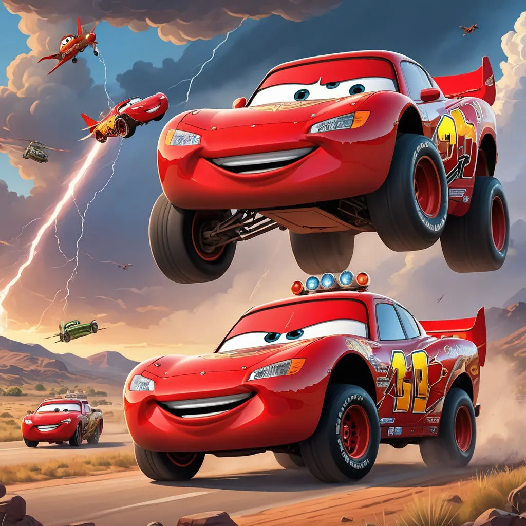 a cartoon character is flying over a red car in the air with lightning behind it and a red car with lightning behind it, sots art, poster art, Cornelisz Hendriksz Vroom, official art