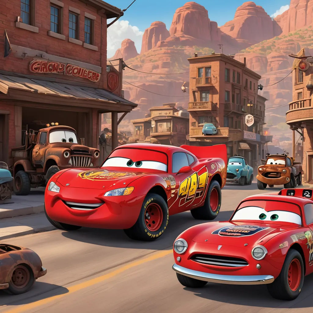 cars are driving down a street in front of a building and a mountain range in the background with a sign that says cars are coming, excessivism, concept art, disney, pixar and disney animation